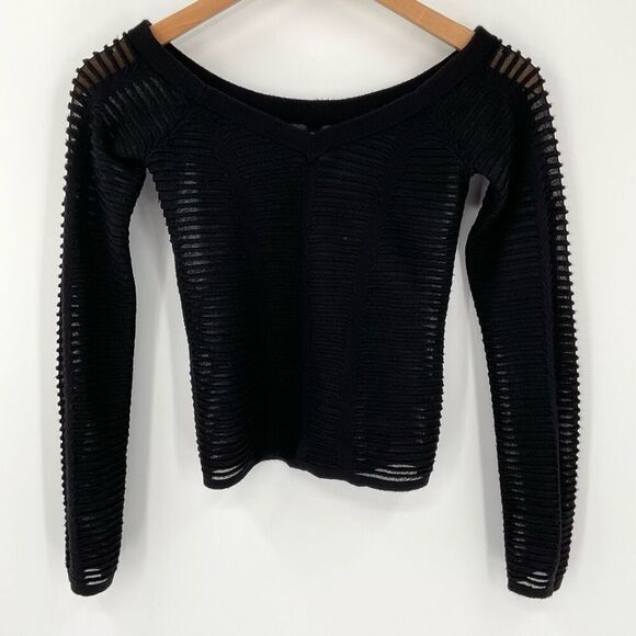 Revolve NBD Amity Layered Mesh Off Shoulder Knit Top Long Sleeve Women XS Black - Picture 4 of 9